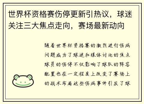 世界杯资格赛伤停更新引热议，球迷关注三大焦点走向，赛场最新动向